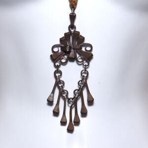 Vintage Artisan Mid-Century Macrame & Horseshoe Nail Pendant Necklace Handmade